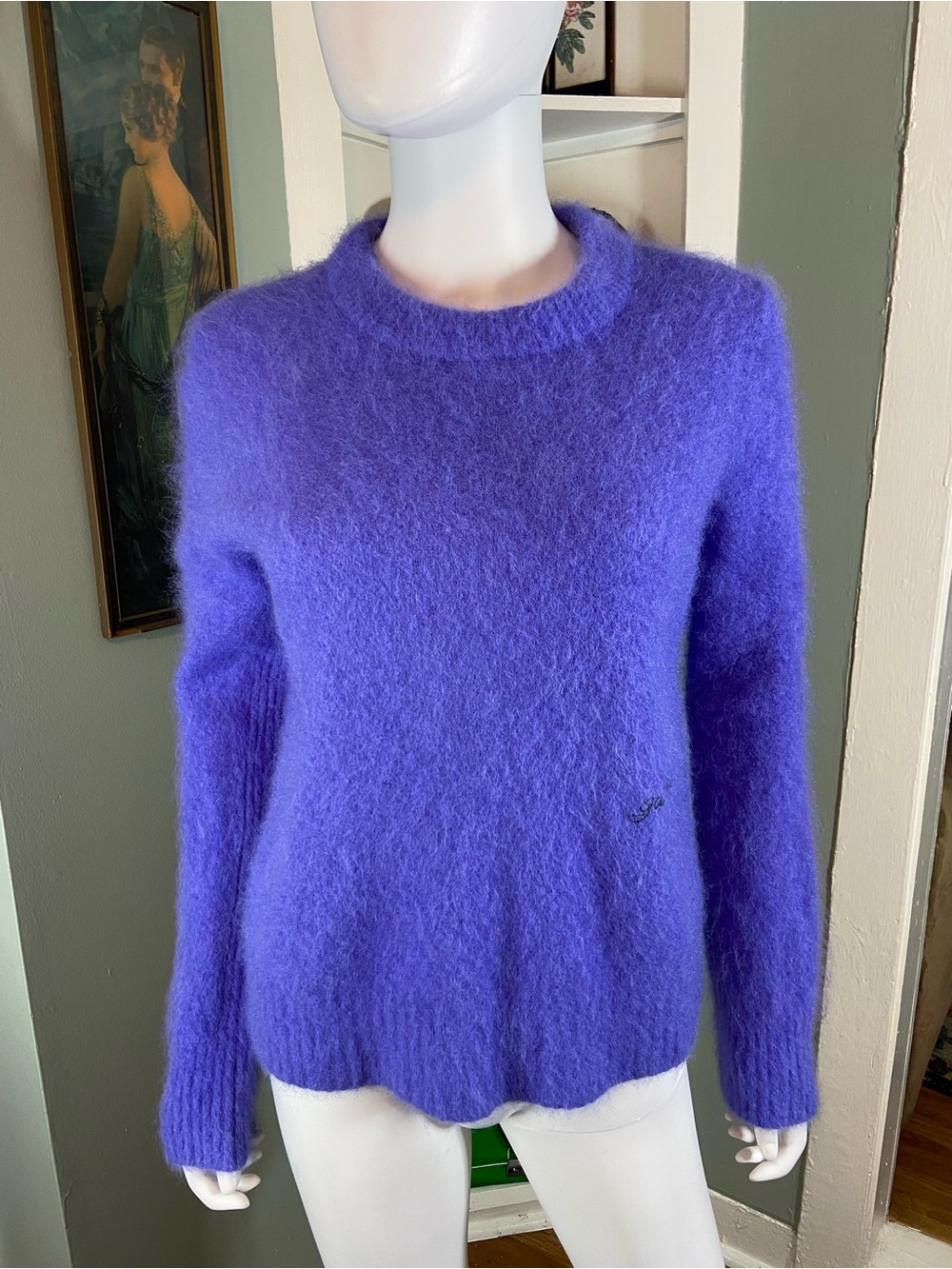 FLAWS Ganni Soft Brushed Alpaca Purple Fuzzy Crewneck O-Neck Sweater Large L